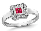1/6 Carat (ctw) Princess Cut Natural Ruby Ring in 14K White Gold with Diamonds